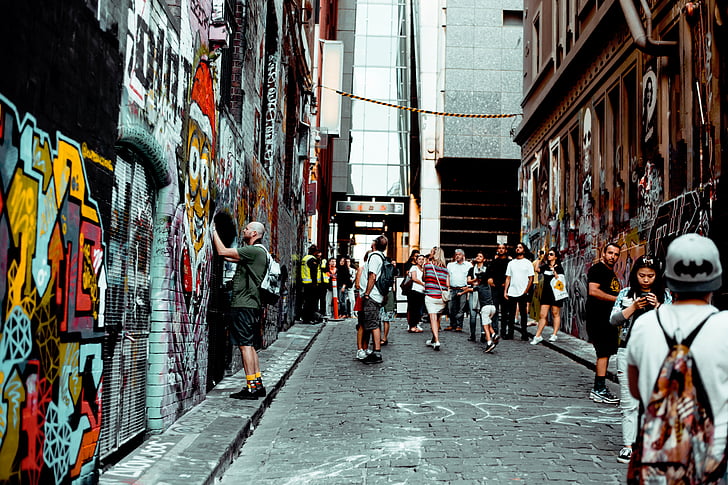 street, alley, walls, graffiti, bricks, road, people