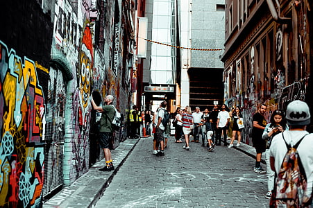 street, alley, walls, graffiti, bricks, road, people