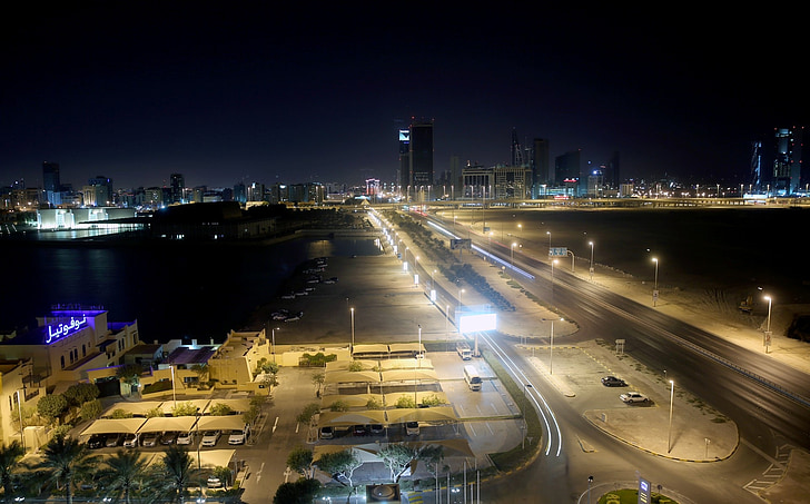 nuit, ville, Bahreïn, rue, paysage urbain