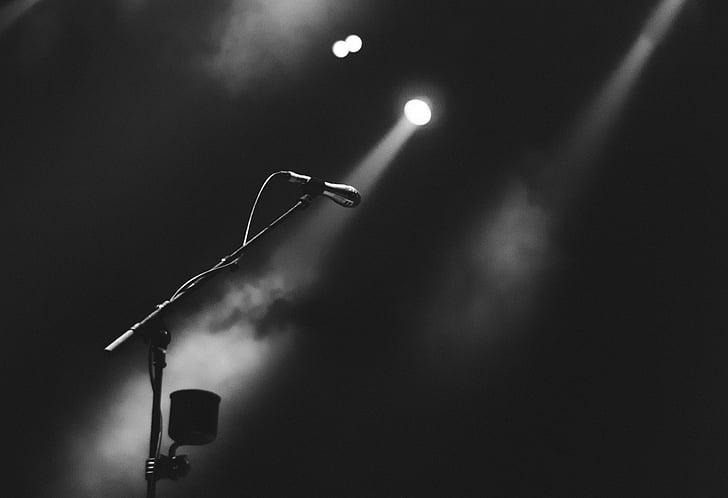 microphone, performance, stage, concert, smoke, lights, black and white
