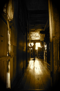korridor, korridoren, mörka, trä, Antik, trä, hus