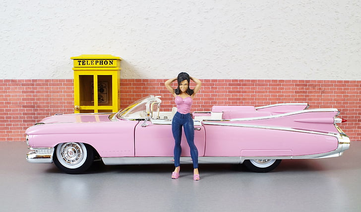 model car, cadillac, cadillac eldorado, pink, auto, old, toy car