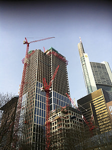 Frankfurt, felhőkarcoló, épít, daru, állvány, baukran, az oldalon