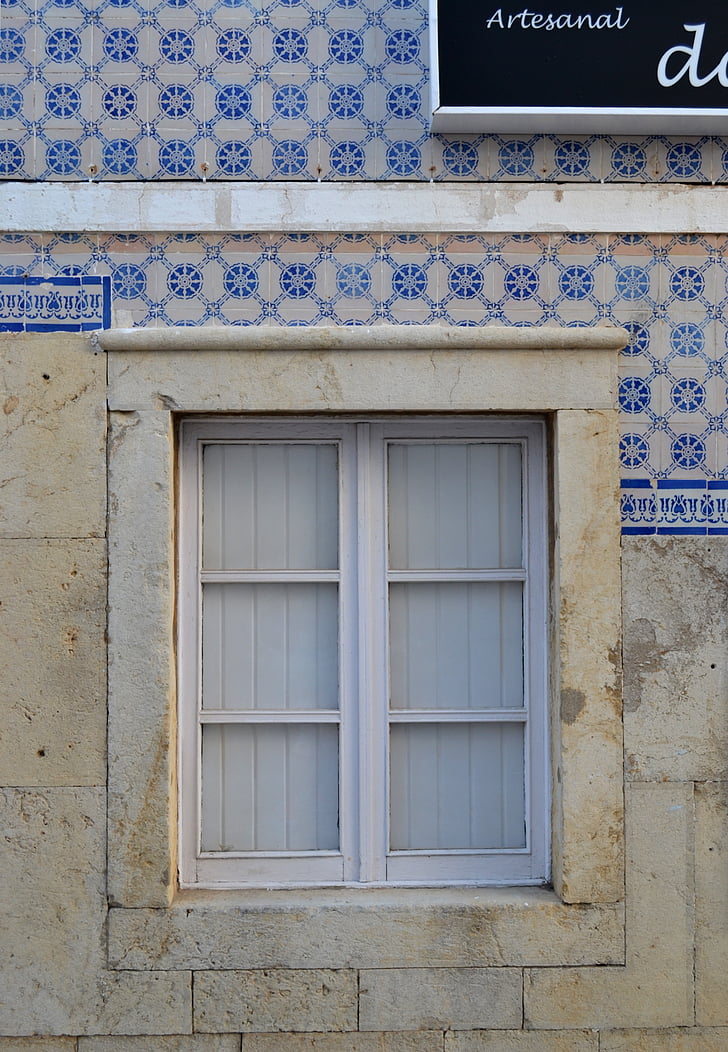 vinduet, fliser, Portugal, portugisisk, side ved side, blå fliser, arkitektur