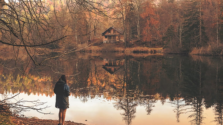 people, woman, alone, reflection, cabin, house, home