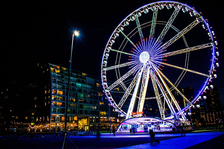 Rotterdam, építési, Ferris, nagy, kerék, éjszaka