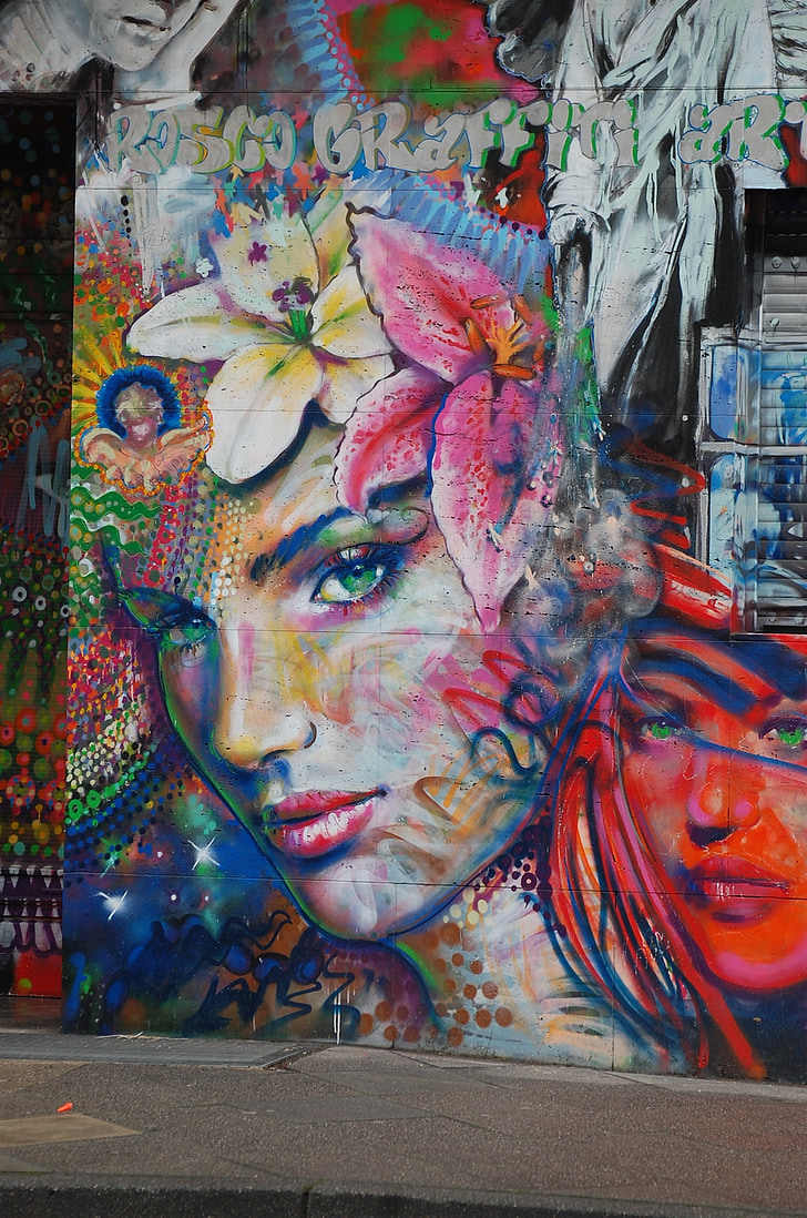 Graffiti, kvinna, gatukonst, ansikte, väggen, porträtt, spray