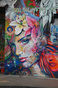 grafite, mulher, arte de rua, cara, parede, retrato, pulverizador