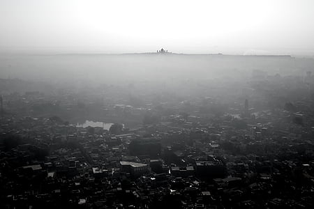 ville, Aerial, vue, bâtiments, Abri international, architecture, brouillard