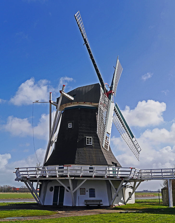 windmill, historically, monument, restored, can be run, slate, east frisia