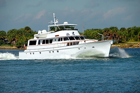 luxus yacht, csónak, folyó, mozgás, tenger, víz, utazás