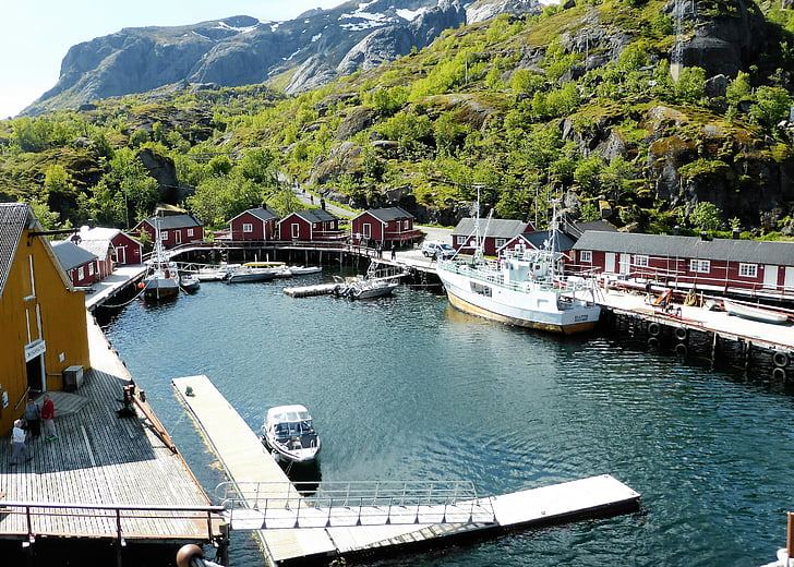 desa nelayan, rumah kayu, Lofoten, Norwegia