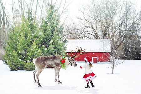 Рождественские сцены, Северный олень, Маленькая девочка, Девушка Санта, снег, Рождество, Зима