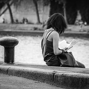 girl, seine, paris, reading, book, relax, education