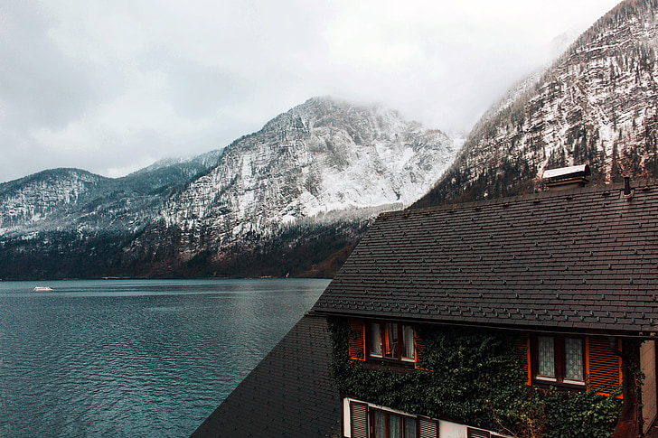 Hallstatt, Oostenrijk, Bergen, winter, sneeuw, Lake, water