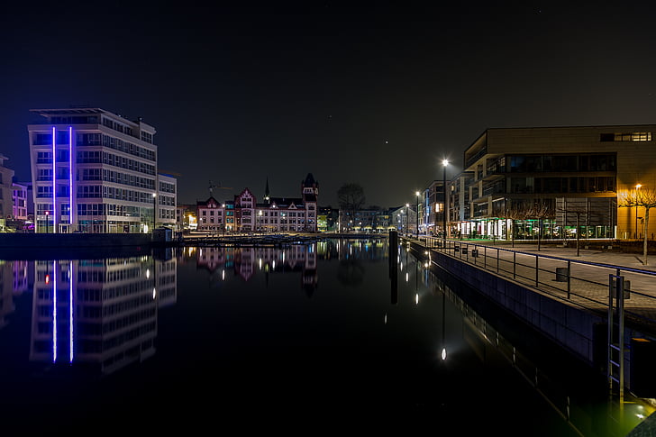 natt, Dortmund, Phoenix lake, refleksjoner, Lake, lys, refleksjon