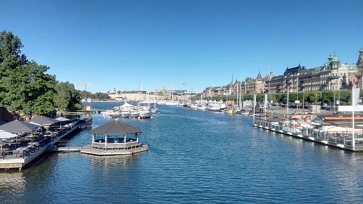 pemandangan, Stockholm, saluran, air, perahu, langit, saluran