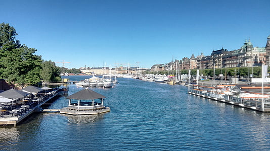 táj, Stockholm, csatornák, víz, csónakok, Sky, csatorna