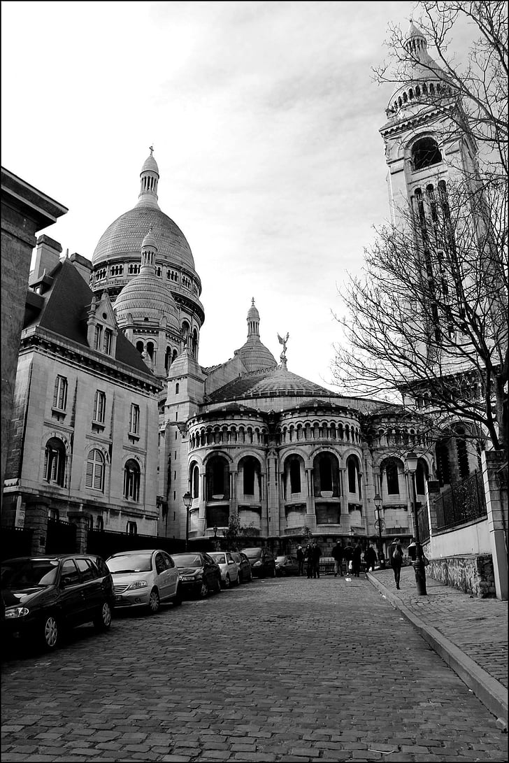 Paris, svart vit, Heliga hjärta, Montmartre, Basilica, Frankrike, svart och vitt