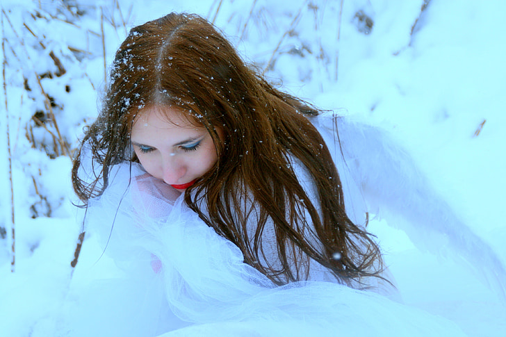 Момиче, сняг, принцеса, история, бяло, Портрет, синьо