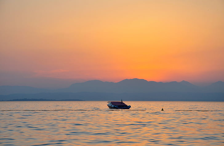 sommar, solnedgång, landskap, soligt, havet, vatten, liten båt