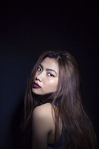 jeune fille, femme, asiatique, sensuelle, sombre, arrière-plan, Portrait