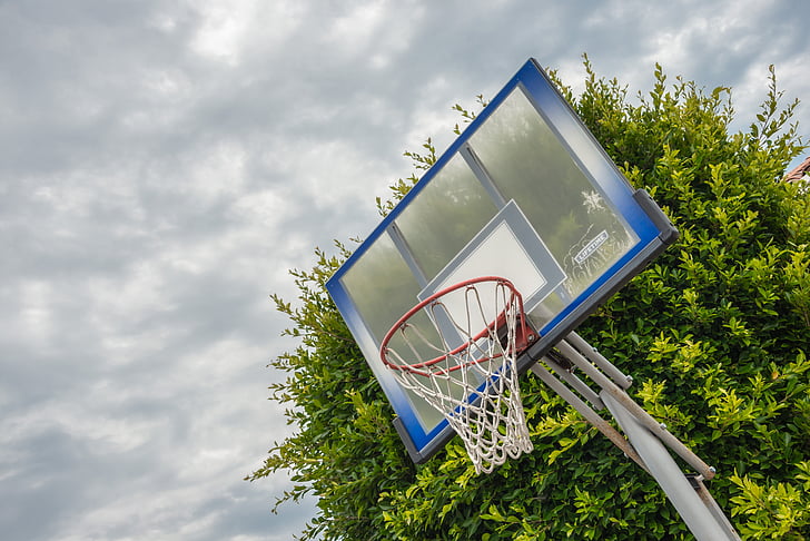 basketball ring, clouds, activity, basketball, hoop, outdoor, street