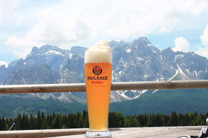 cerveza, montañas, Dolomitas, Paulaner