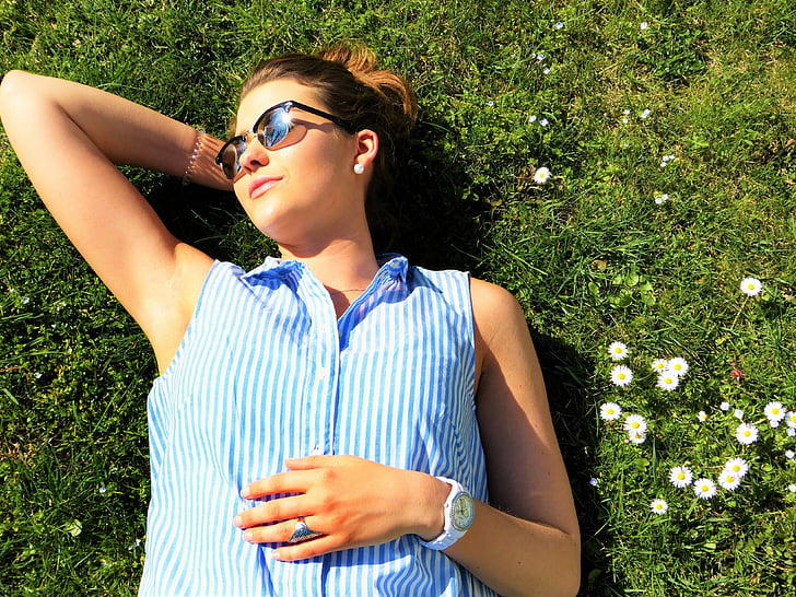 young woman, meadow, concerns, relax, rest, sun, sunny