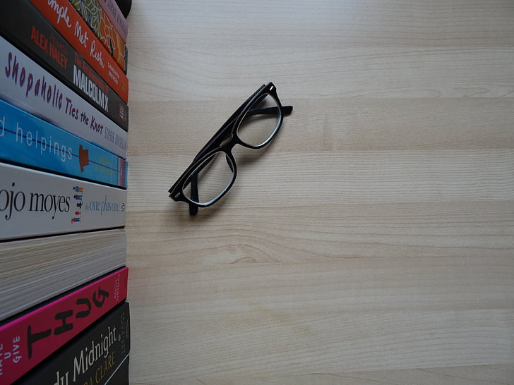 glasses, books, desk, wood background, spectacles, read, reading