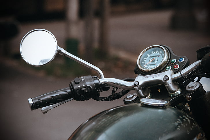 old, motorbike, motorcycle, mirror, dashboard, triumph, transportation