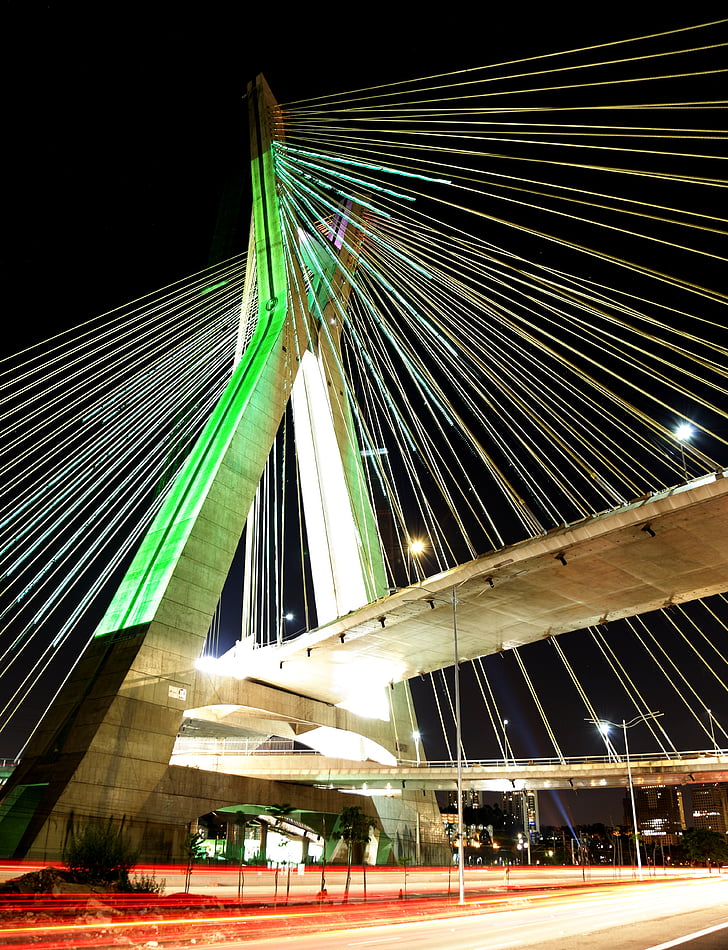 puente, suspendido en cables, São paulo, arquitectura, tarjeta postal, luces, noche