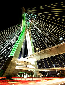 Jembatan, ditangguhkan pada kabel, Sao paulo, arsitektur, kartu pos, lampu, malam