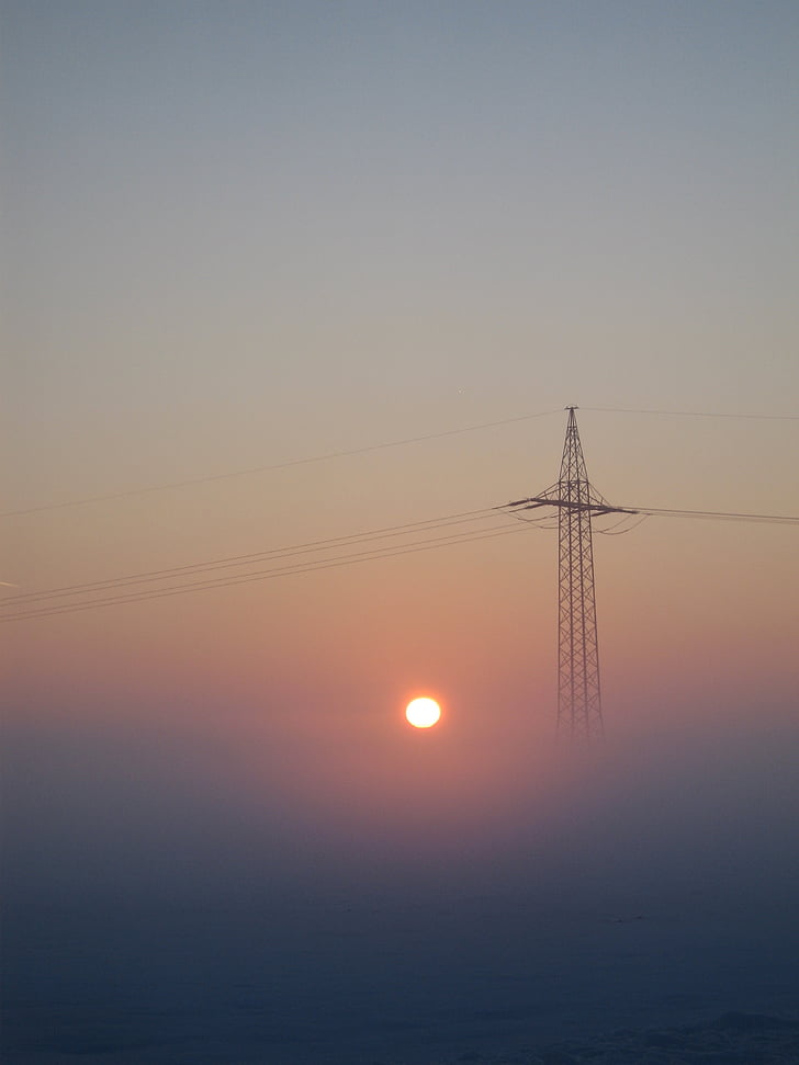 strommast, sun, energy, electricity, sunrise, strong power pole, fog