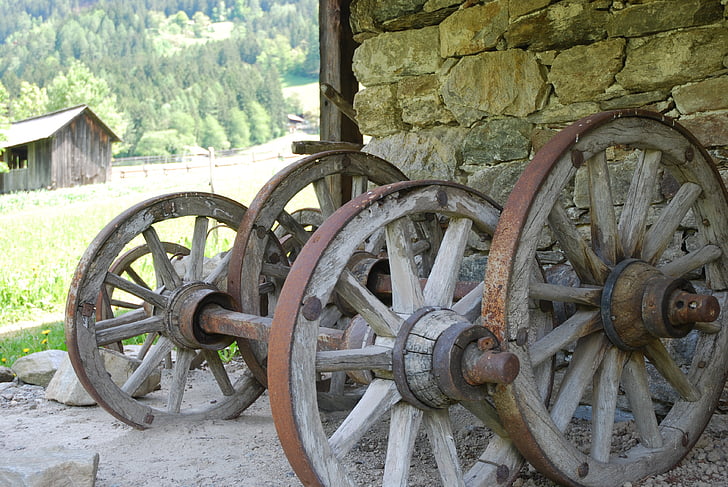 Wagon wheel, gamla tider, gamla, jordbrukare, arbete, trä hjulet