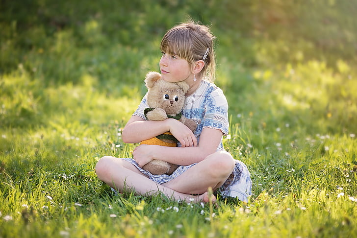 human, person, child, girl, teddy, meadow, grass
