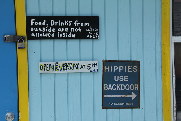 zīme, Bārs, hipiji, teksts, pārtika, dzēriens, Bahamu salas