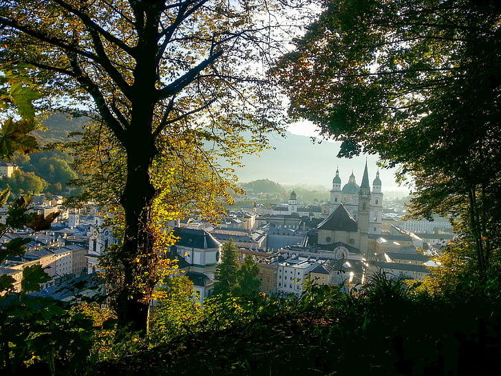 Salzburg, Austria, otoño, mönchberg, Catedral de Salzburgo, cielos