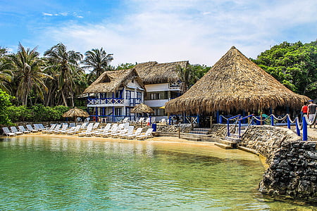 vieno aukšto namas, Lagune, paplūdimys, Saulės sala, Cartagena de indias, Kolumbija, Miestas