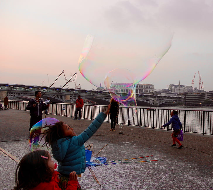 bubbles, street artist, children, joy, colorful, kids, playing