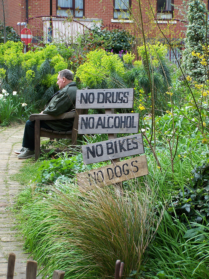 sign, garden, no, phoenix gardens, camden, london, plant