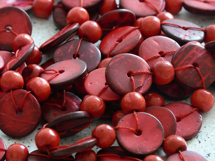 Cadena, perles, comptes de fusta, vermell, plaquetes, joieria, Collaret