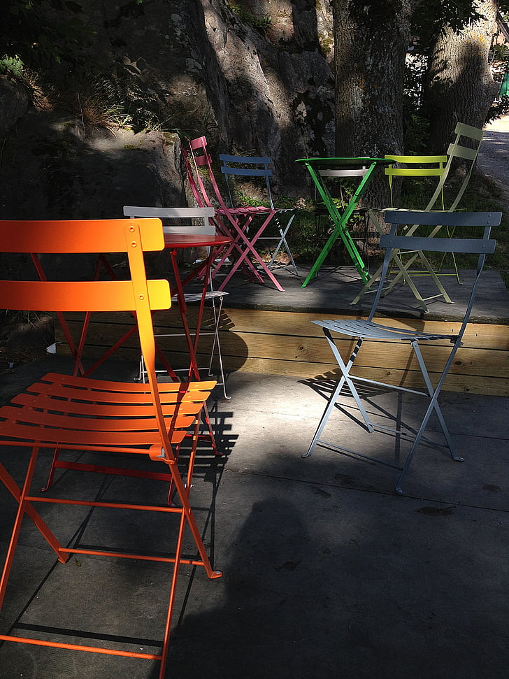 café, cadeiras, tem, o arquipélago, Grinda, Verão, Suécia
