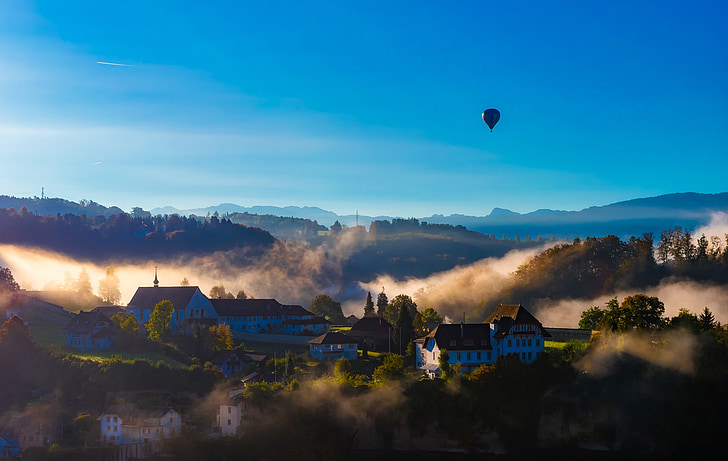 Fribourg, Schweiz, Village, by, landskab, bygninger, huse