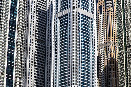 arranha-céu, Dubai, u um e, cidade, alta, fachada, céu