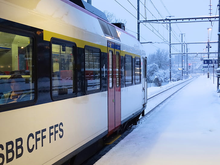 železnice, Zimní, vlakem, sníh, SBB