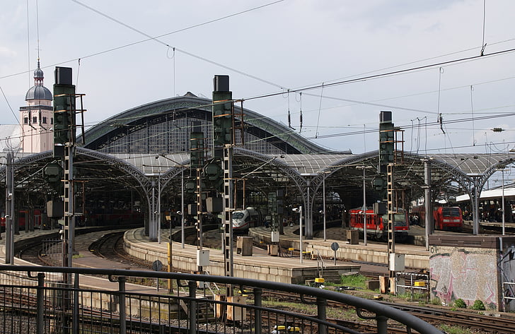 Treinstation, gleise, lijnen, verkeer, Keulen, masten, platform