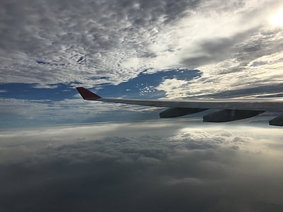 awan, sinar matahari, sayap, pesawat, penerbangan
