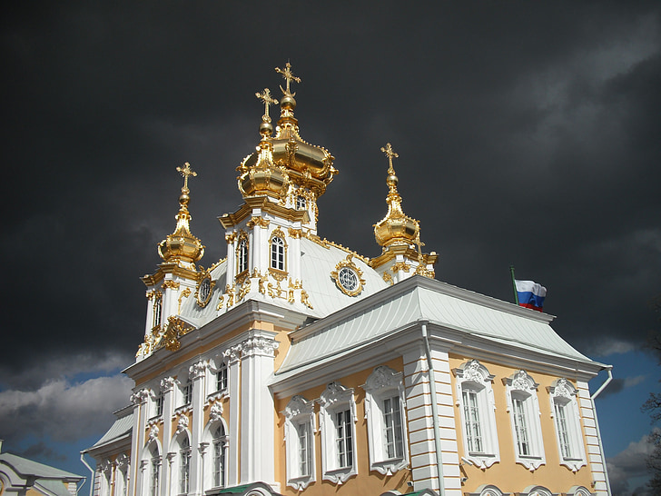 Gereja, Rusia, St. petersburg, awan, sinar matahari