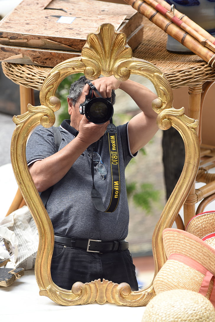 fotograf, zrkadlo, blší trh, obrázok, reflexie, kultúr, ľudia